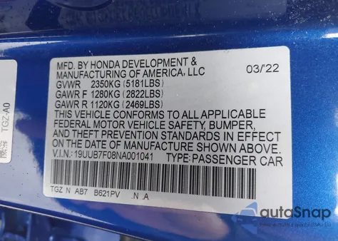 2022 Acura Tlx Type S z USA, uszkodzony, nr VIN 19UUB7F08NA001041